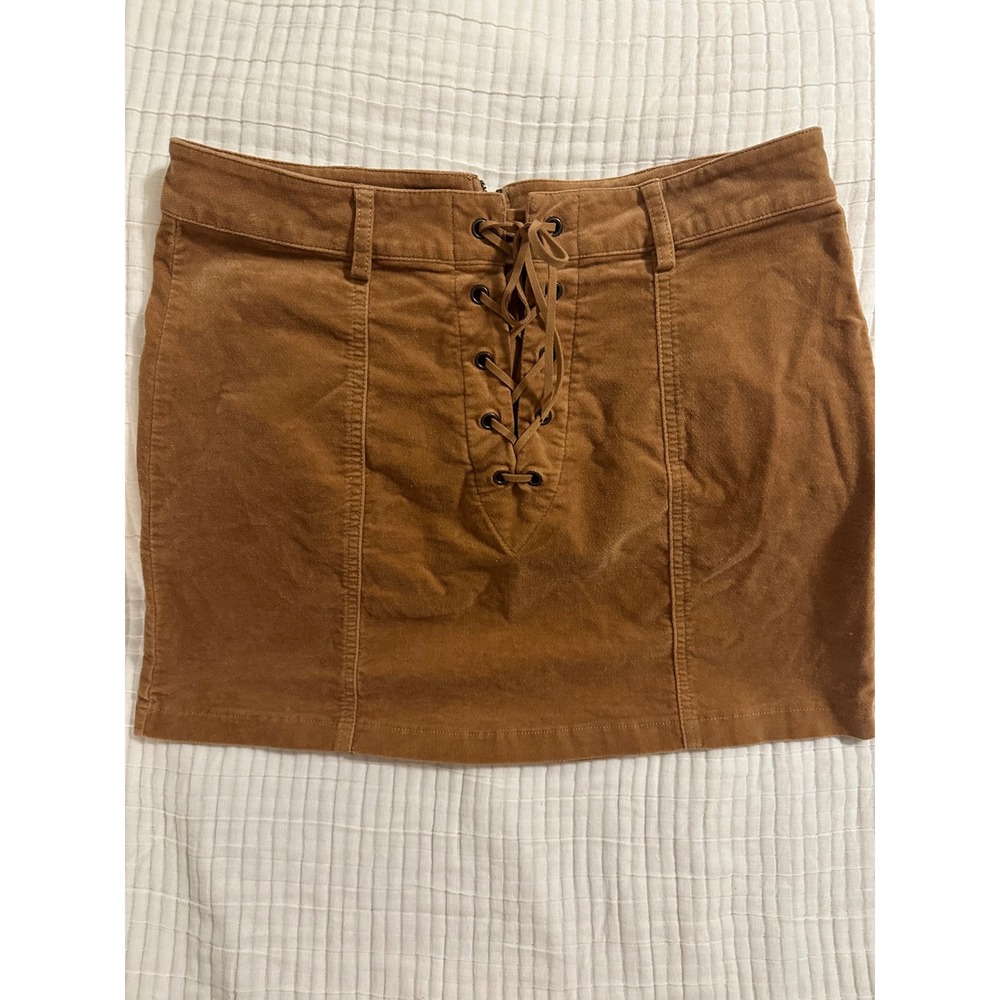 Forever 21 Corduroy Mini Skirt Brown Lace Up Front Back Zip Womens Size M Fall